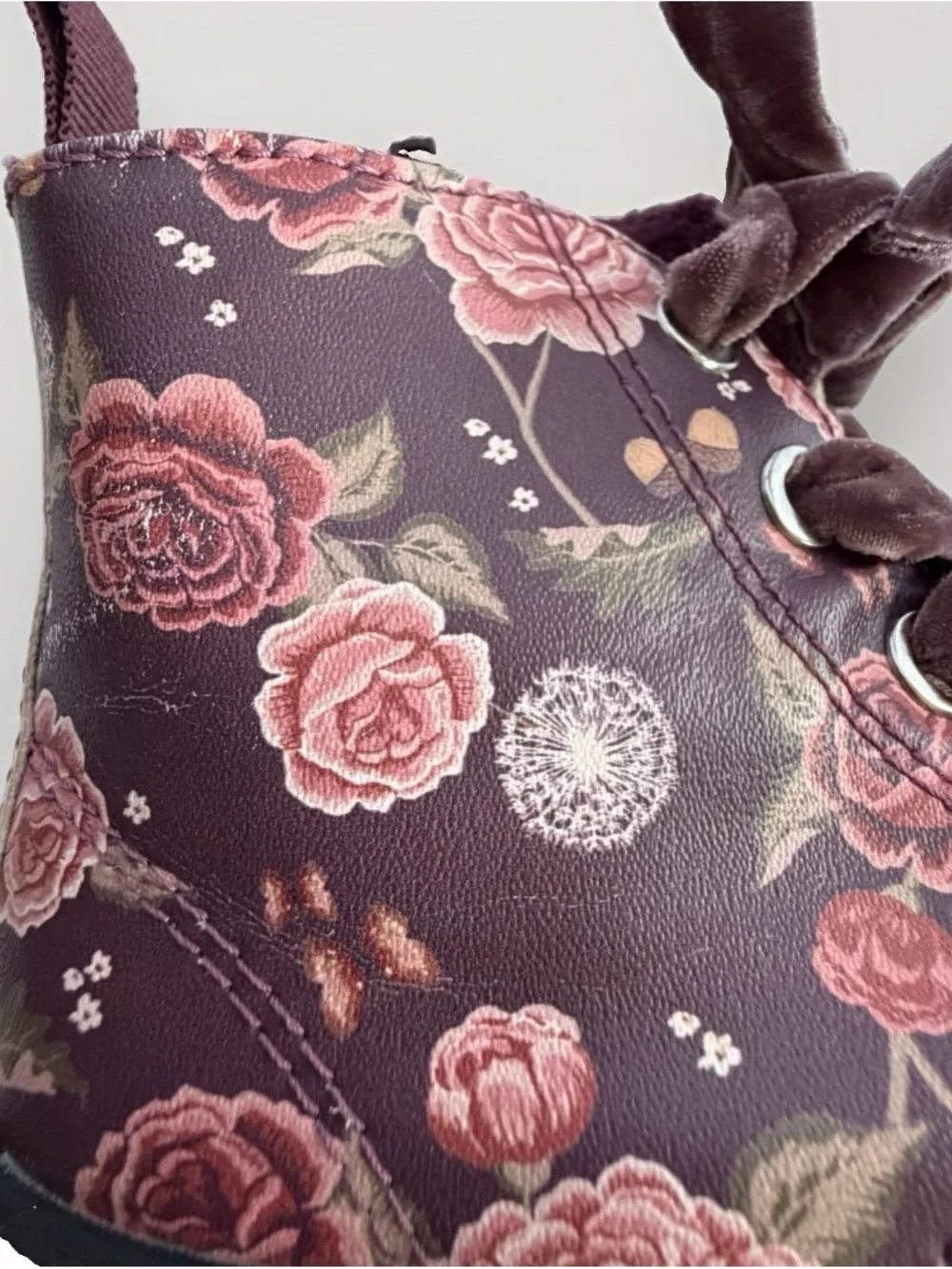 H&M Toddler Girls Floral Combat Boots Sz 6.5 Velvet Ribbon Laces Lug Sole Zipper